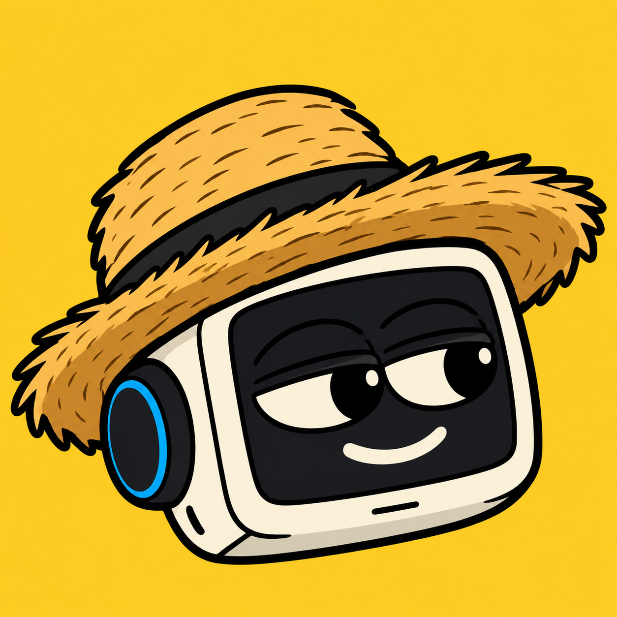 SAND404, the official character: a cream robot with a black screen face and a straw sunhat